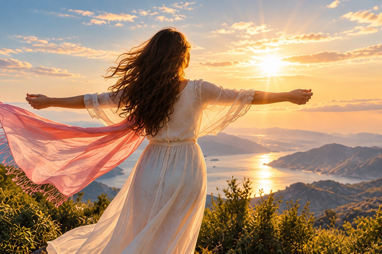 A woman opening her arms toward the sunset over the mountains