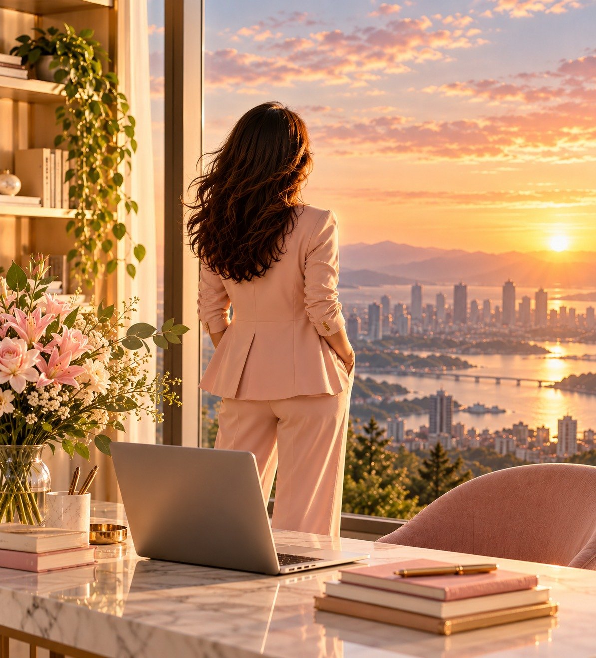 A woman sitting above a mountain lake at sunset